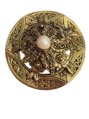 Vintage Gold Tone Brooch Faux Pearl Center Floral Intricate Leaves 1.5" Estate